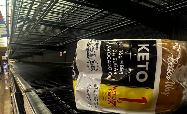 A loaf of bread sits on empty shelves in the bread isle in grocery store ahead of winter weather, Wednesday, Jan. 21, 2026, in Marietta, Ga. (AP Photo/Mike Stewart)
