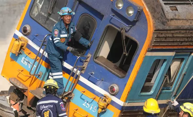 FILE - Rescuers work amidst the wreckage after a construction crane fell into a passenger train in Nakhon Ratchasima province, Thailand, Jan. 14, 2026. (AP Photo/Sakchai Lalit, File
