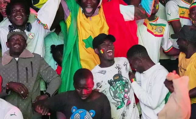 FILE - Fans celebrate Senegal's goal in the Africa Cup of Nations final soccer match between Senegal and Morocco in Dakar, Senegal, Jan. 18, 2026. (AP Photo/Misper Apawu, File)