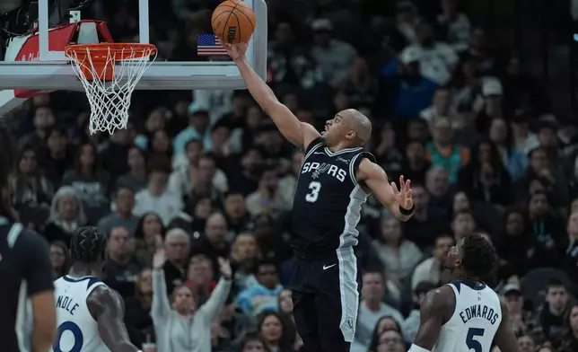 San Antonio Spurs forward Keldon Johnson (3) scores past Minnesota Timberwolves guard Anthony Edwards (5) during the second half of an NBA basketball game in San Antonio, Saturday, Jan. 17, 2026. (AP Photo/Eric Gay)