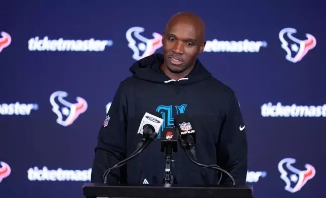 Houston Texans head coach Demeco Ryans talks to the media following an NFL football game against the Indianapolis Colts in Houston, Sunday, Jan. 4, 2026. (AP Photo/Ashley Landis)