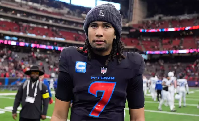 Houston Texans quarterback C.J. Stroud (7) walks off the field following an NFL football game against the Indianapolis Colts in Houston, Sunday, Jan. 4, 2026. (AP Photo/Ashley Landis)