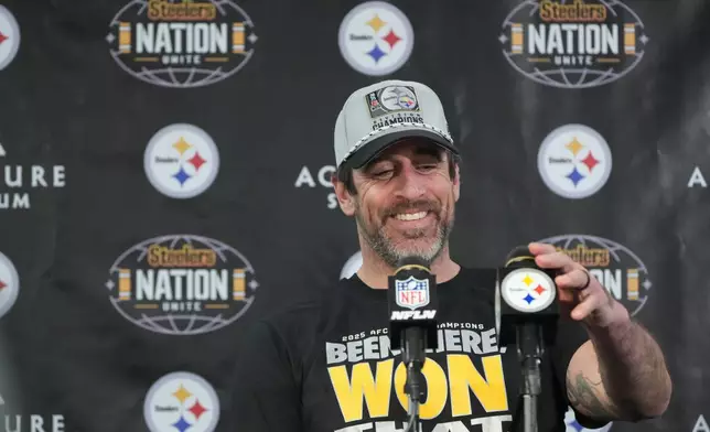 Pittsburgh Steelers quarterback Aaron Rodgers speaks during a news conference after an NFL football game against the Baltimore Ravens, Monday, Jan. 5, 2026, in Pittsburgh. (AP Photo/Gene J. Puskar)