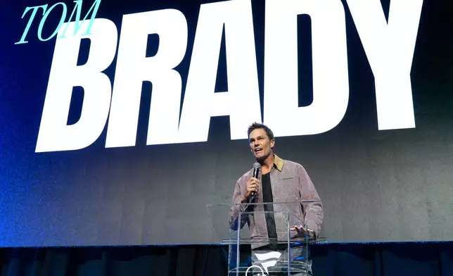 Tom Brady addresses the audience at the launch party for Fanatics Studio, a global studio for sports entertainment, on Tuesday, Jan. 13, 2026, at the Intuit Dome in Inglewood, Calif. (AP Photo/Chris Pizzello)