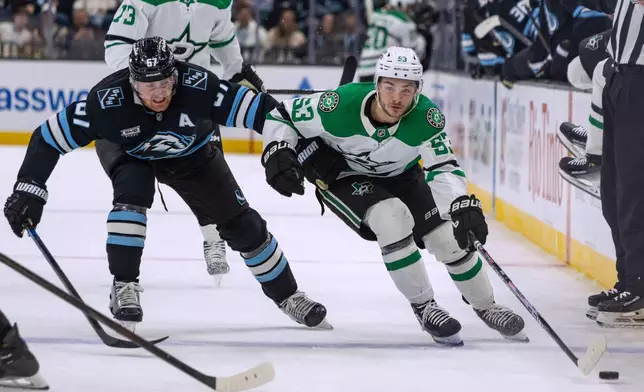Dallas Stars center Wyatt Johnston, right, moves the puck against Utah Mammoth left wing Lawson Crouse during the second period of an NHL hockey game Thursday, Jan. 15, 2026, in Salt Lake City. (AP Photo/Melissa Majchrzak)