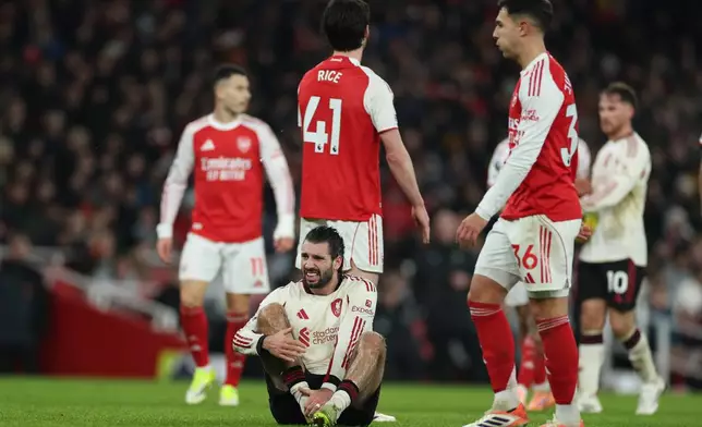 Liverpool's Dominik Szoboszlai reacts during the English Premier League soccer match between Arsenal and Liverpool in London, Thursday, Jan. 8, 2026. (AP Photo/Ian Walton)