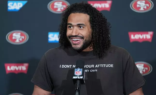 San Francisco 49ers' Eric Kendricks speaks during a news conference after an NFL wild-card playoff football game against the Philadelphia Eagles on Sunday, Jan. 11, 2026, in Philadelphia. (AP Photo/Matt Rourke)