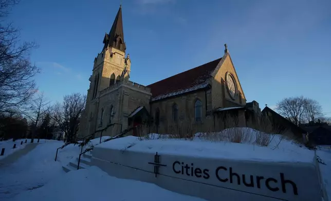 Cities Church is seen in St. Paul, Minn. where activists shut down a service claiming the pastor was also working as an ICE agent, Monday, Jan. 19, 2026 in St. Paul, Minn. (AP Photo/Angelina Katsanis)