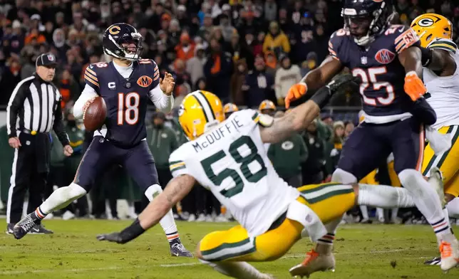 Chicago Bears' Caleb Williams looks to throw during the second half of an NFL wild-card playoff football game against the Green Bay Packers Saturday, Jan. 10, 2026, in Chicago. (AP Photo/Nam Huh)
