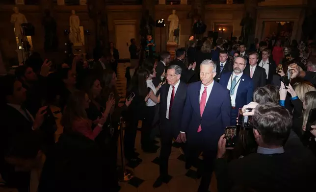 Senate Majority Leader John Thune, R-S.D., arrives before President Donald Trump delivers the State of the Union address to a joint session of Congress in the House chamber at the U.S. Capitol in Washington, Tuesday, Feb. 24, 2026. (AP Photo/Allison Robbert)