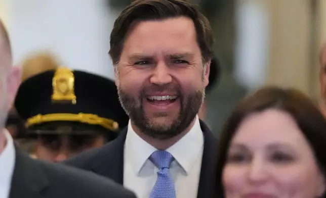 Vice President JD Vance arrives before President Donald Trump delivers the State of the Union address to a joint session of Congress in the House chamber at the U.S. Capitol in Washington, Tuesday, Feb. 24, 2026. (AP Photo/Mark Schiefelbein)