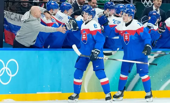 Slovakia's Oliver Okuliar (8) and Slovakia's Dalibor Dvorsky (15) celebrate their side's third goal during a men's ice hockey quarterfinal game between Slovakia and Germany at the 2026 Winter Olympics, in Milan, Italy, Wednesday, Feb. 18, 2026. (AP Photo/Petr David Josek)