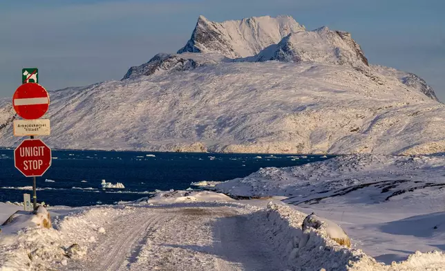 Road signs are seen in Nuuk, Greenland, Friday, Feb. 6, 2026. (Christinne Muschi /The Canadian Press via AP)
