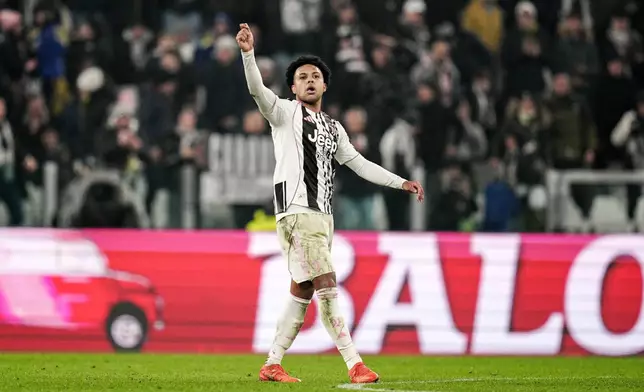 Juventus' Weston McKennie celebrates after scoring a goal for his team during the Serie A soccer match between Juventus and Lazio, in Turin, Italy, Sunday, Feb. 8, 2026. (Marco Alpozzi/LaPresse via AP)