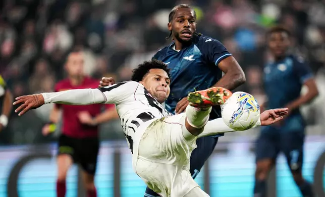 Juventus' Weston McKennie, front, makes an attempt to score during the Serie A soccer match between Juventus and Lazio, in Turin, Italy, Sunday, Feb. 8, 2026. (Marco Alpozzi/LaPresse via AP)