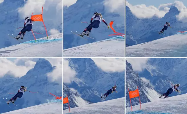 This combination of images shows the United States' Lindsey Vonn crashing during an alpine ski women's downhill race, at the 2026 Winter Olympics, in Cortina d'Ampezzo, Italy, Sunday, Feb. 8, 2026. (AP Photo/Jacquelyn Martin)