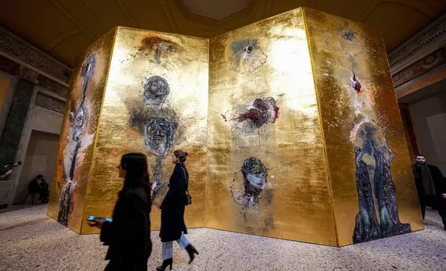 A view of the presentation of Anselm Kiefer's exhibition Le Alchimiste at Palazzo Reale, part of the official cultural programme for the 2026 Winter Olympics, in Milan, Italy, Tuesday, Feb. 3, 2026. (Claudio Furlan/LaPresse via AP)