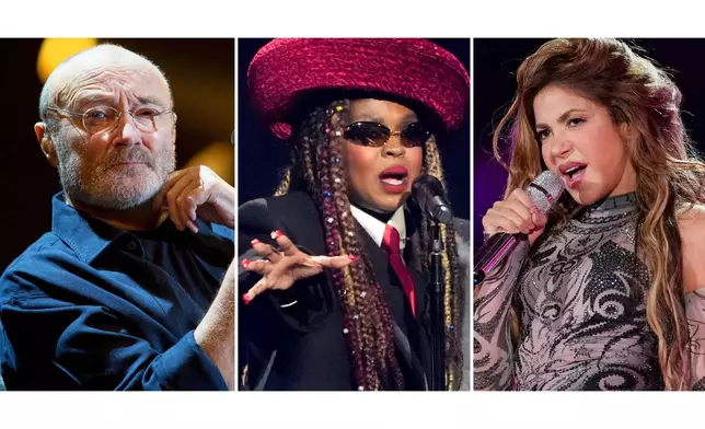 Phil Collins performs at Palacio de los Deportes in Mexico City on March 9, 2018, left, Lauryn Hill performs during the draw for the 2026 soccer World Cup in Washington on Dec. 5, 2025, center, and Shakira performs during the Global Citizen Festival in New York on Sept. 27, 2025. (AP Photo)