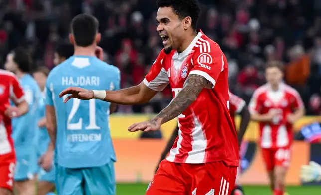 Bayern Munich's Luis Diaz celebrates scoring during the Bundesliga soccer match between Bayern Munich and TSG 1899 Hoffenheim in Munich, Germany, Sunday Feb. 8, 2026. (Sven Hoppe/dpa via AP)
