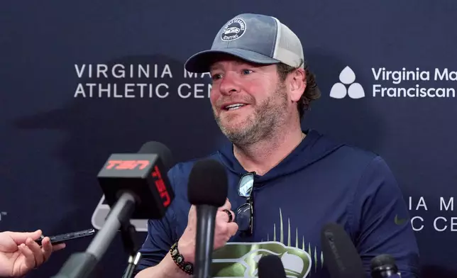 Seattle Seahawks president of football operations/general manager John Schneider speaks during a news conference at the NFL football team's facilities ahead of Super Bowl 60, Thursday, Jan. 29, 2026, in Seattle. (AP Photo/John Froschauer)