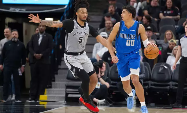 Dallas Mavericks guard Max Christie (00) drives against San Antonio Spurs guard Stephon Castle (5) during the second half of an NBA basketball game, Saturday, Feb. 7, 2026, in San Antonio. (AP Photo/Darren Abate)