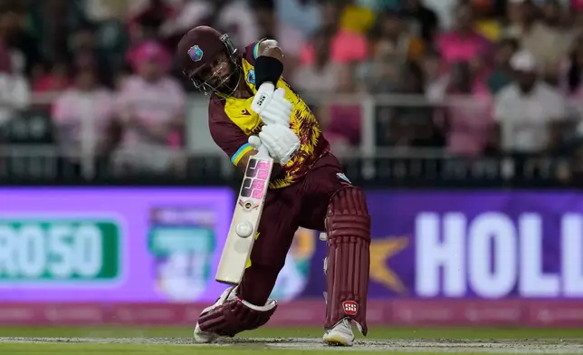 West Indies batsman Shai Hope plays a stroke shot during the T20 International cricket match between South Africa and West Indies, in Johannesburg, South Africa, Saturday, Jan. 31, 2026. (AP Photo/Themba Hadebe)