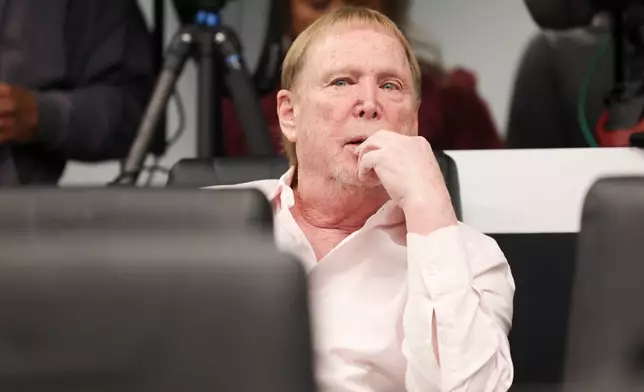 Las Vegas Raiders owner Mark Davis looks during a news conference introducing the Raiders new head coach Klint Kubiak, Tuesday, Feb. 10, 2026, at the NFL football team's training facility in Henderson, Nev. (AP Photo/Ian Maule)
