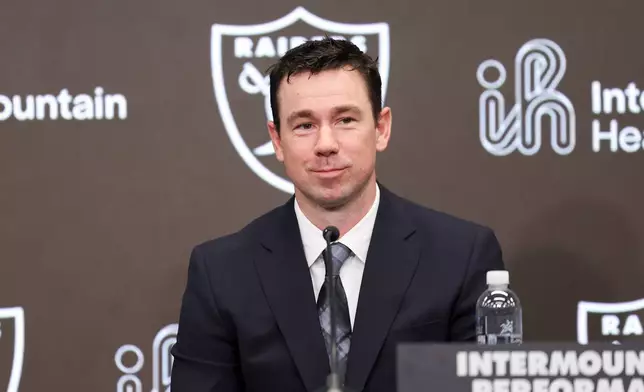 Las Vegas Raiders new head coach Klint Kubiak speaks during an introductory news conference at the NFL football team's training facility Tuesday, Feb. 10, 2026, in Henderson, Nev. (AP Photo/Ian Maule)