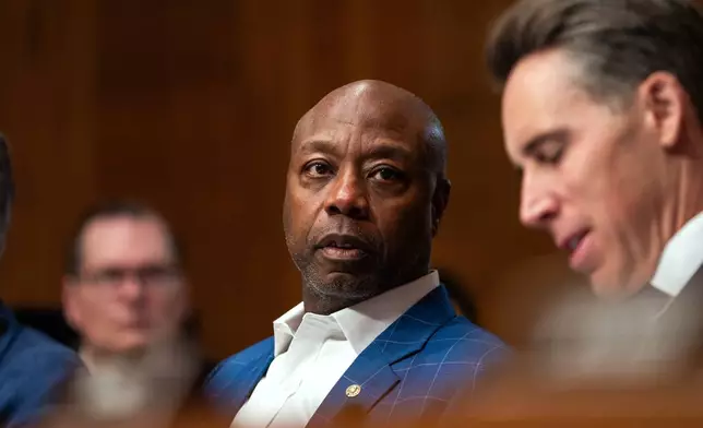 FILE - Sen. Tim Scott, R-S.C., is seen before a Senate Health, Education, Labor, and Pensions Committee hearing on Capitol Hill in Washington, Oct. 9, 2025. (AP Photo/Allison Robbert, File)
