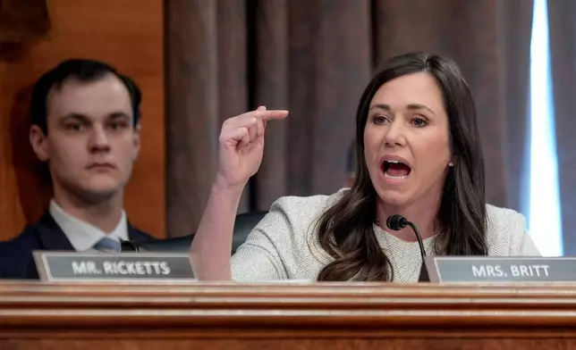 FILE - Sen. Katie Britt, R-Ala., speaks during a Senate Banking, Housing and Urban Affairs Committee hearing on Capitol Hill, Feb. 5, 2026, in Washington. (AP Photo/Mariam Zuhaib, File)