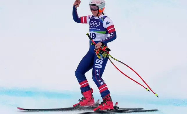 United States' Breezy Johnson at the finish area, during an alpine ski, women's super-G race, at the 2026 Winter Olympics, in Cortina d'Ampezzo, Italy, Thursday, Feb. 12, 2026. (AP Photo/Andy Wong)