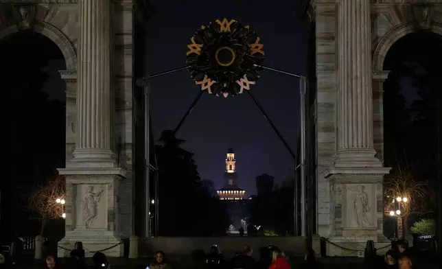 A view of the cauldron after it was extinguished at the Arco della Pace at the 2026 Winter Olympics in Milan, Italy, Sunday, Feb. 22, 2026. (AP Photo/Luca Bruno)