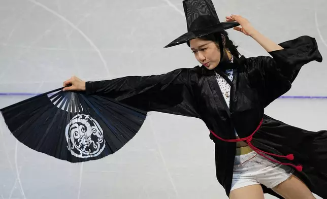 Lee Haein of Korea performs during the figure skating exhibition at the 2026 Winter Olympics, in Milan, Italy, Saturday, Feb. 21, 2026. (AP Photo/Francisco Seco)