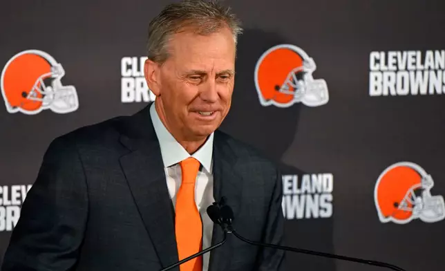 Cleveland Browns new head coach Todd Monken speaks during a news conference at the team's NFL football training facility, Tuesday, Feb. 3, 2026, in Berea, Ohio. (AP Photo/David Richard)