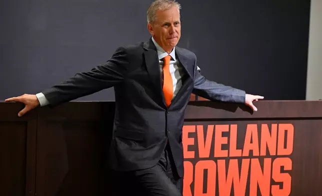 Cleveland Browns head coach Todd Monken speaks with reporters after a news conference at the team's NFL football training facility Tuesday, Feb. 3, 2026, in Berea, Ohio. (AP Photo/David Richard)