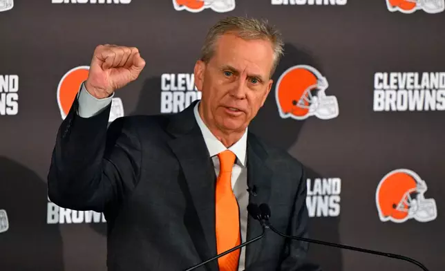 Cleveland Browns new head coach Todd Monken speaks during a news conference at the team's NFL football training facility, Tuesday, Feb. 3, 2026, in Berea, Ohio. (AP Photo/David Richard)