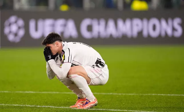 Juventus' Vasilije Adzic reacts during a Champions League soccer match between Juventus and Galatasaray, Wednesday, Feb. 25, 2026, in Turin, Italy (Fabio Ferrari/LaPresse via AP)