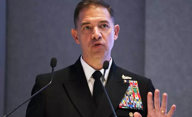 FILE - U.S. Navy Vice Adm. Brad Cooper, speaks at an event at the International Defense Exhibition and Conference in Abu Dhabi, United Arab Emirates, Feb. 21, 2023. (AP Photo/Jon Gambrell, File)