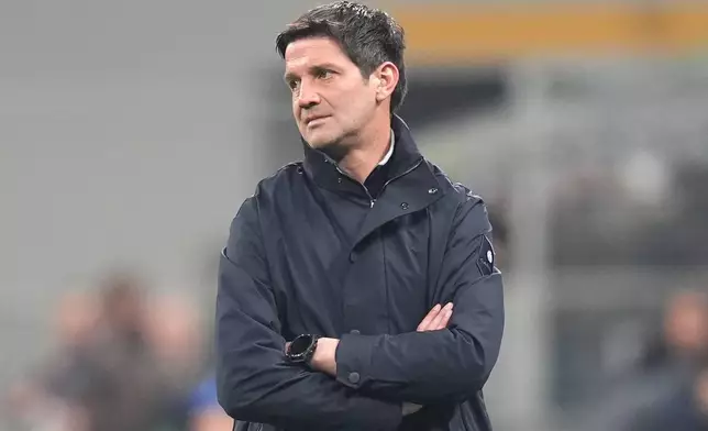 Inter Milan's head coach Cristian Chivu looks during the Champions League soccer match between Inter Milan and Bodø/Glimt, Tuesday, Feb. 24 , 2026, in Milan, Italy (Spada/LaPresse via AP)