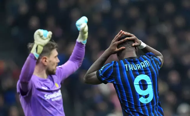 Inter Milan's Marcus Thuram reacts during the Champions League soccer match between Inter Milan and Bodø/Glimt, Tuesday, Feb. 24 , 2026 ,in Milan, Italy (Spada/LaPresse via AP)