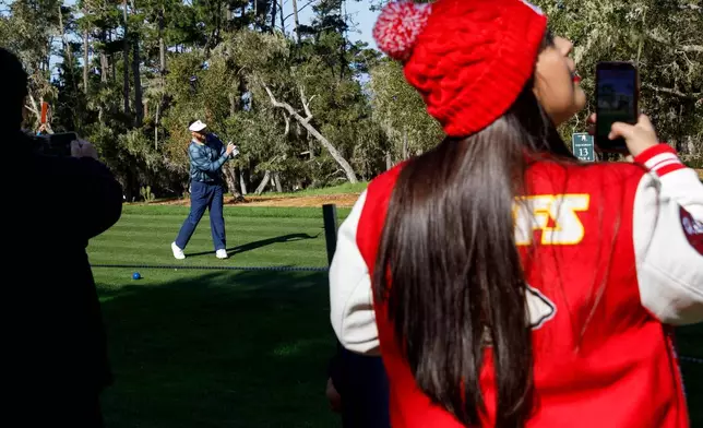 Travis Kelce of the Kansas City Chiefs hits the tee off the 13th hole at Spyglass Hill in the first round of the AT&amp;T Pebble Beach Pro-Am in Pebble Beach, Calif., on Thursday, Feb. 12, 2026. (Santiago Mejia/San Francisco Chronicle via AP)