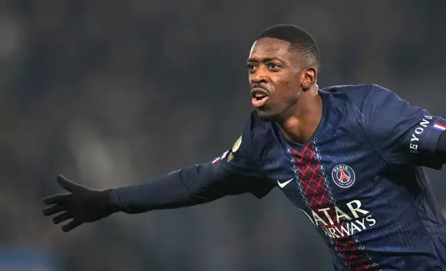 PSG's Ousmane Dembele celebrates after scoring the opening goal during the French League One soccer match between Paris Saint-Germain and Marseille in Paris, Sunday, Feb. 8, 2026. (AP Photo/Thibault Camus)