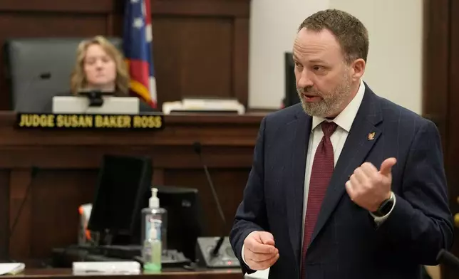 Assistant Ohio Attorney General Matthew Meyer presents his opening statement at the trial of defendant Michael Dowling, a former FirstEnergy Services Corp. Senior Vice President, and defendant Chuck Jones, a former FirstEnergy Corp. CEO, in Summit County Court of Common Pleas Judge Susan Baker Ross's courtroom, Tuesday, Feb. 3, 2026, in Akron, Ohio. (Mike Cardew/Akron Beacon Journal via AP, Pool)