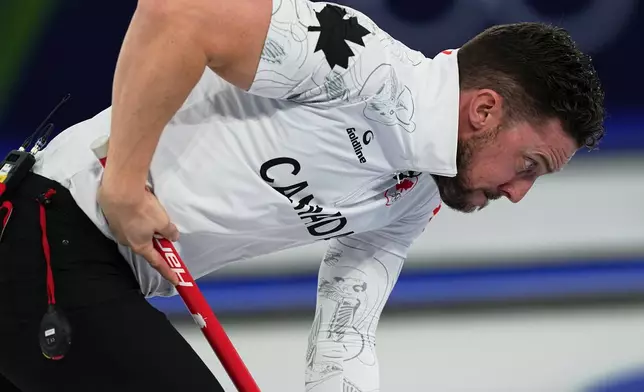 Canada's Brett Gallant in action during the mixed doubles round robin phase of the curling competition against Britain at the 2026 Winter Olympics, in Cortina d'Ampezzo, Italy, Saturday, Feb. 7, 2026. (AP Photo/Fatima Shbair)
