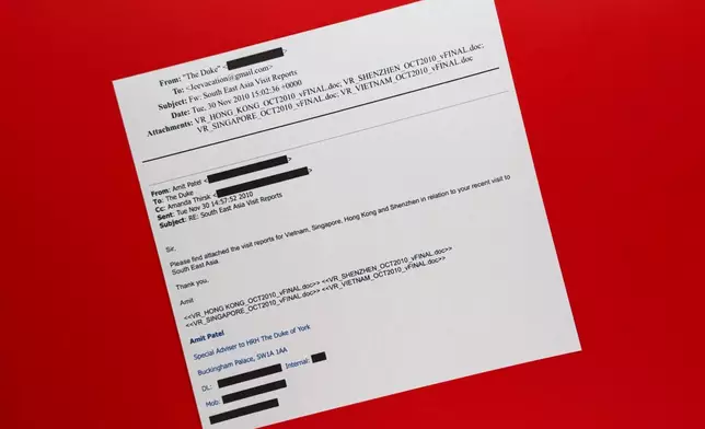 A document that was included in the U.S. Department of Justice release of the Jeffrey Epstein files, photographed Monday, Feb. 9, 2026, shows an email to Epstein. (AP Photo/Jon Elswick)