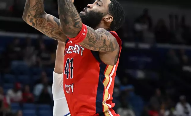 New Orleans Pelicans guard/forward Saddiq Bey (41) looks to shoot in the first half of an NBA basketball game against the Milwaukee Bucks in New Orleans, Friday, Feb. 20, 2026. (AP Photo/Ella Hall)