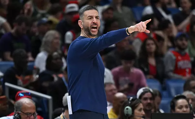 New Orleans Pelicans interim head coach James Borrego reacts in the first half of an NBA basketball game against the Milwaukee Bucks in New Orleans, Friday, Feb. 20, 2026. (AP Photo/Ella Hall)