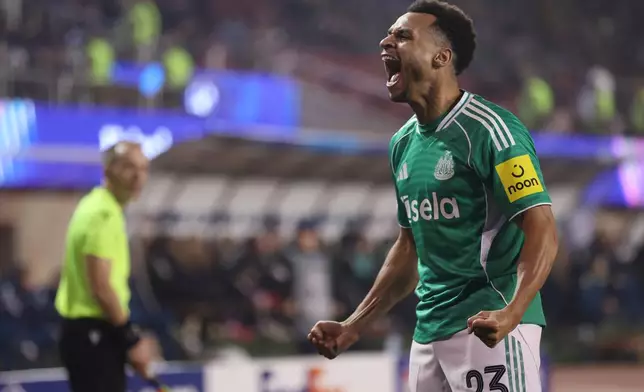 Newcastle's Jacob Murphy celebrates after scoring his side's sixth goal during the Champions League play-off first leg soccer match between Qarabag and Newcastle in Baku, Azerbaijan, Wednesday, Feb. 18, 2026. (AP Photo)