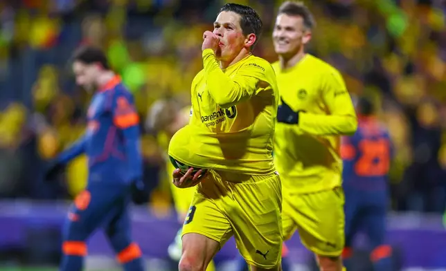 Bodø/Glimt's Sondre Brunstad Fet celebrates after scoring against Inter's Milan during a Champions League soccer match, Wednesday, Feb 18, 2026, in Bodo, Norway. (Mats Torbergsen/NTB Scanpix via AP)