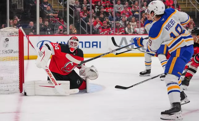New Jersey Devils goaltender Jake Allen (34) protects the net from Buffalo Sabres' Jason Zucker (17) during the third period of an NHL hockey game Wednesday, Feb. 25, 2026, in Newark, N.J. (AP Photo/Frank Franklin II)